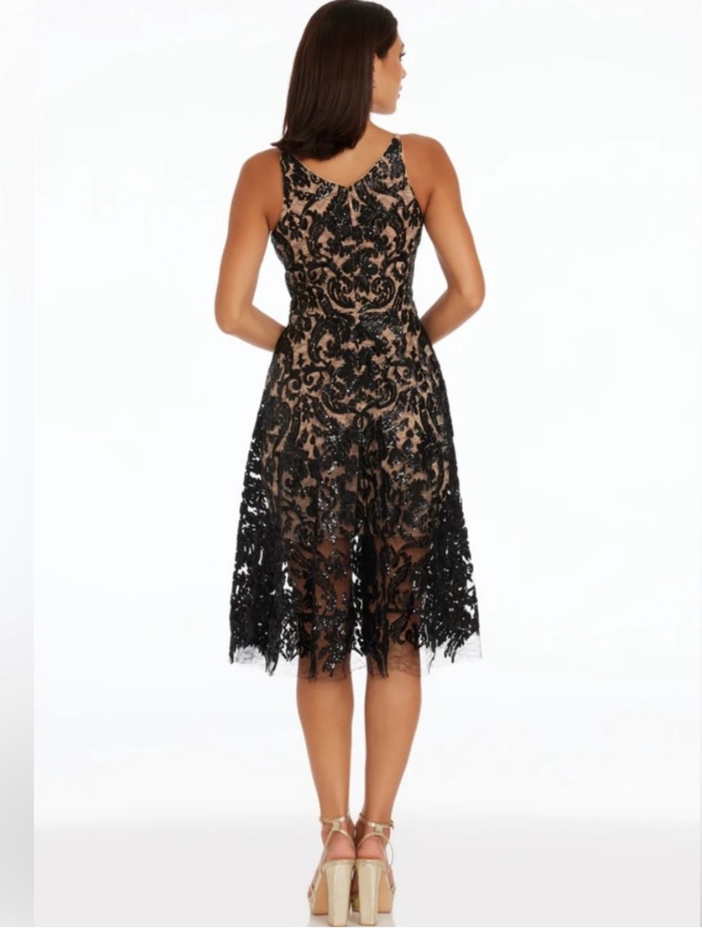 Dress the Population Black Lace Midi Dress with Nude Lining